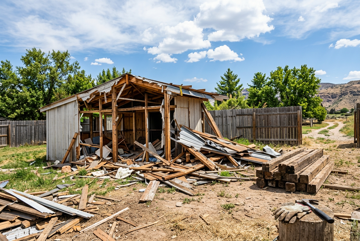 Wooden shed tear down with exposed framing and demolition debris